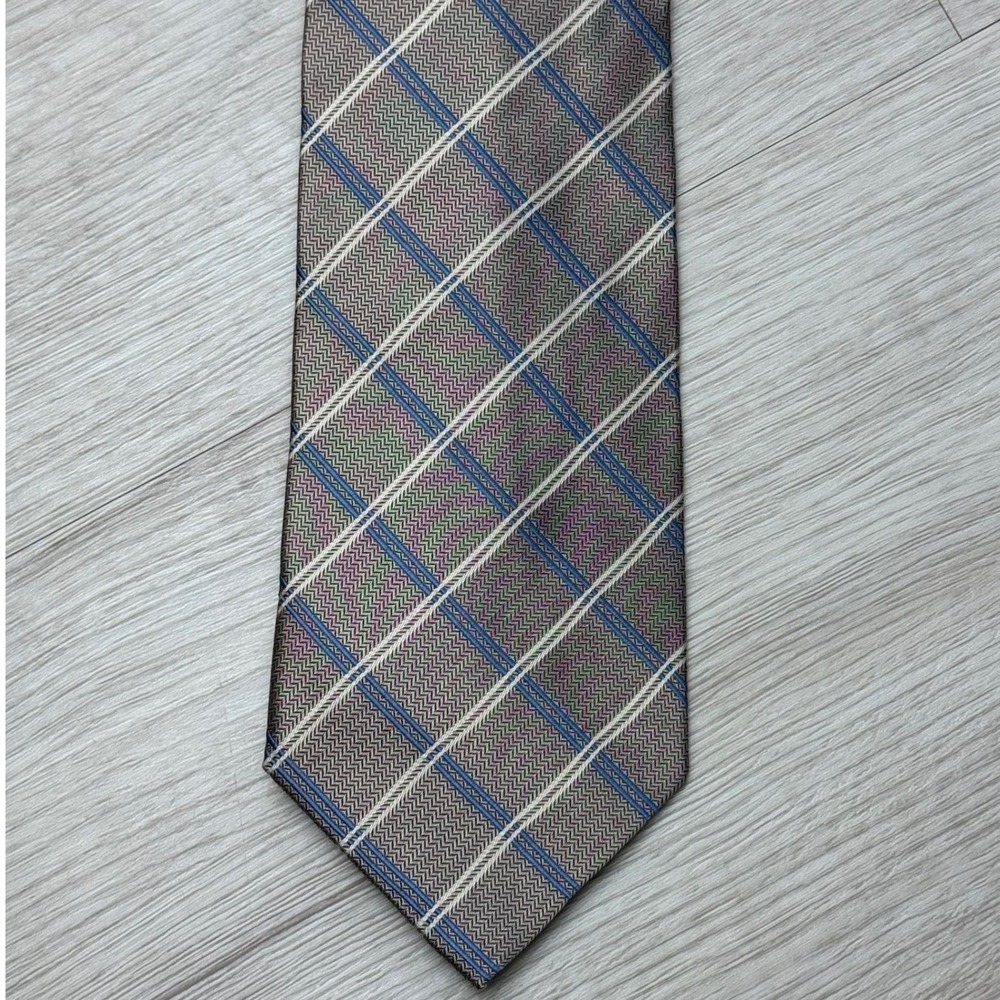 Joseph & Feiss International Mens Silk Tie Brown Blue Plaid Diagonal Pattern‎